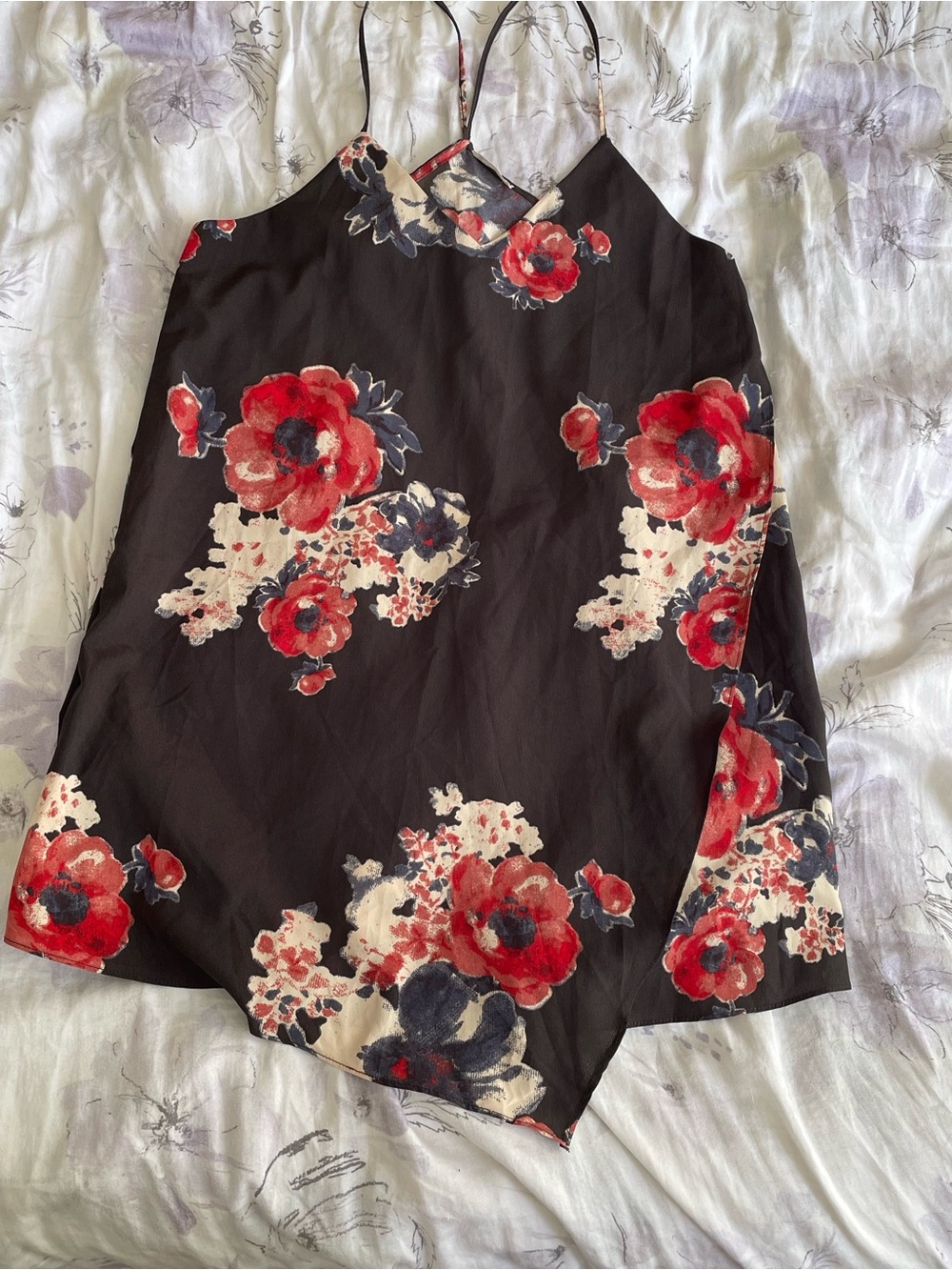 Free People Black Floral Spaghetti-Strap Cami with Red and Cream Blooms